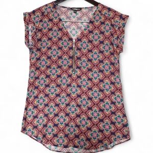 Express Womens Floral Mandala Zip Front V-Neck Blouse Size Small Boho Purple Top
